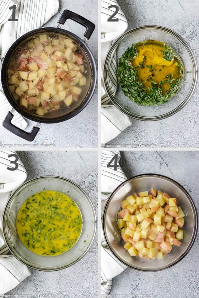 Collage style photo showing how to make potato salad.