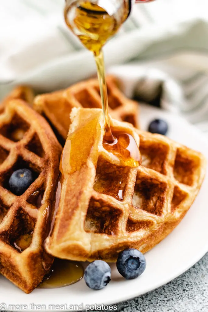 Sourdough waffles with maple syrup.