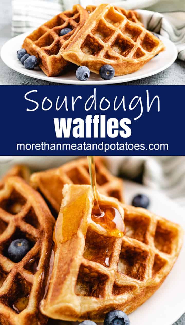 Collage style photo of waffles with fresh blueberries on plates.
