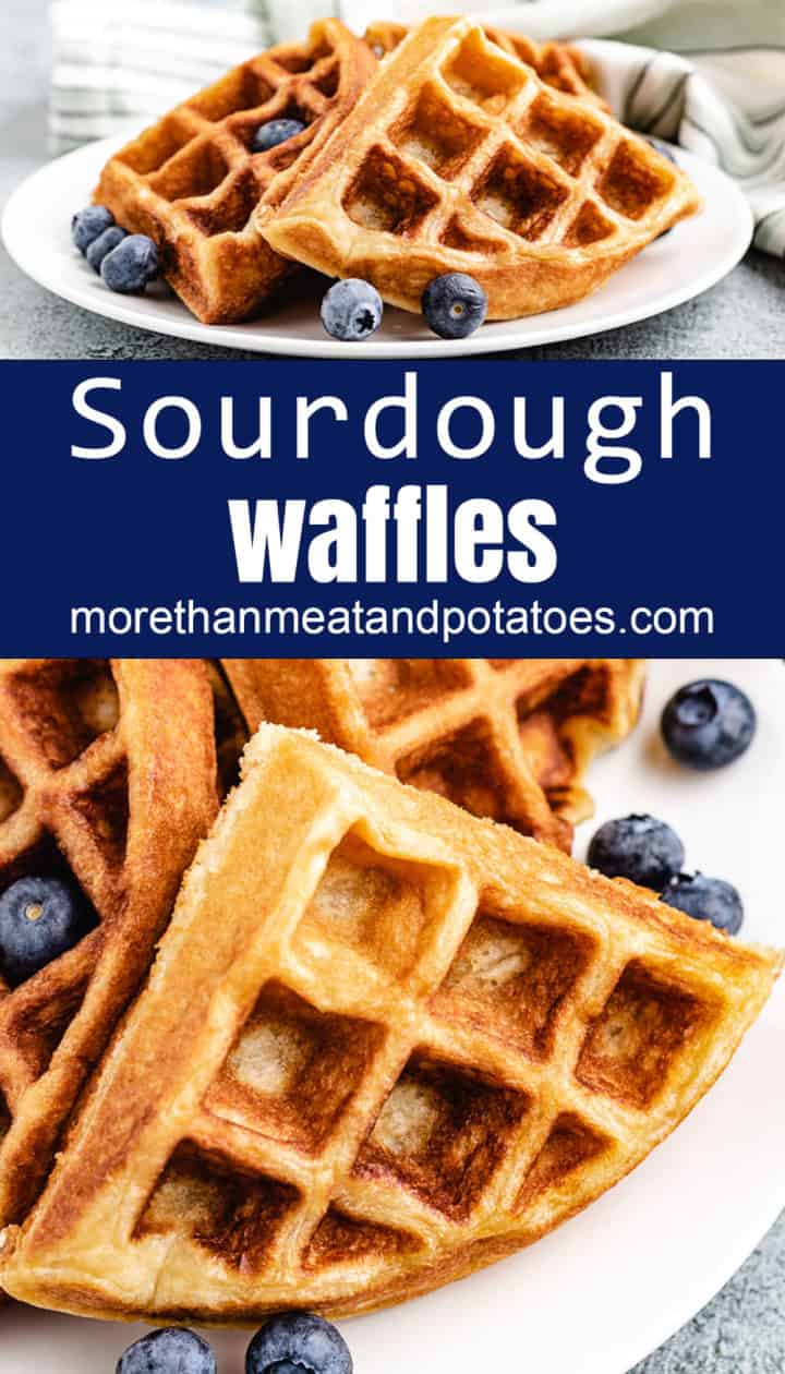 Collage style photos of waffles with fresh blueberries on white dishes.