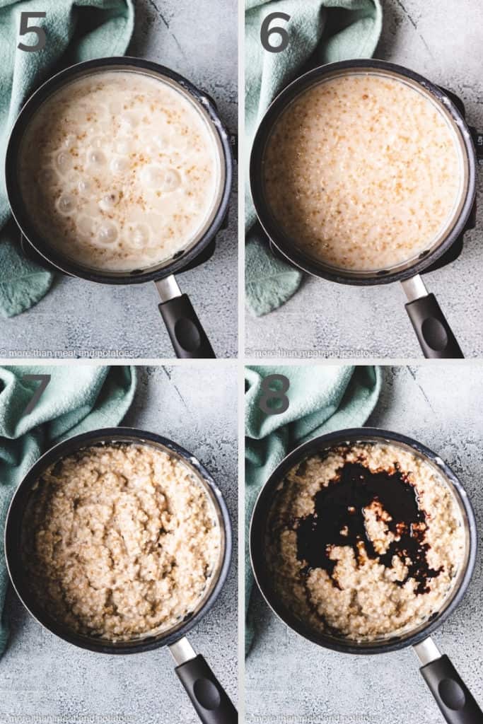 Collage style photo of cooked oatmeal in a pan.