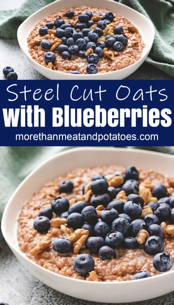 Two photos of steel cut oats topped with blueberries and nut.