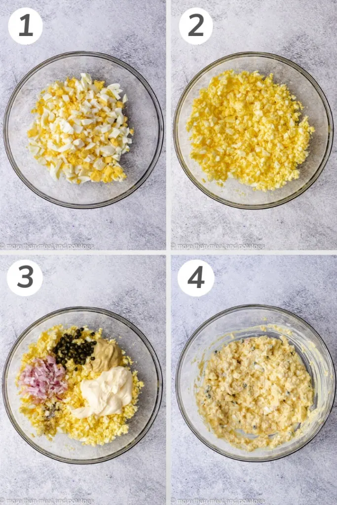 Collage style photo of how to make egg salad sandwich.