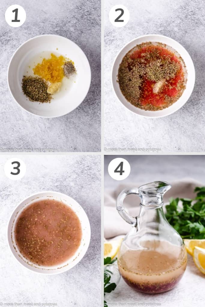 Collage style photo showing how to make greek salad dressing.