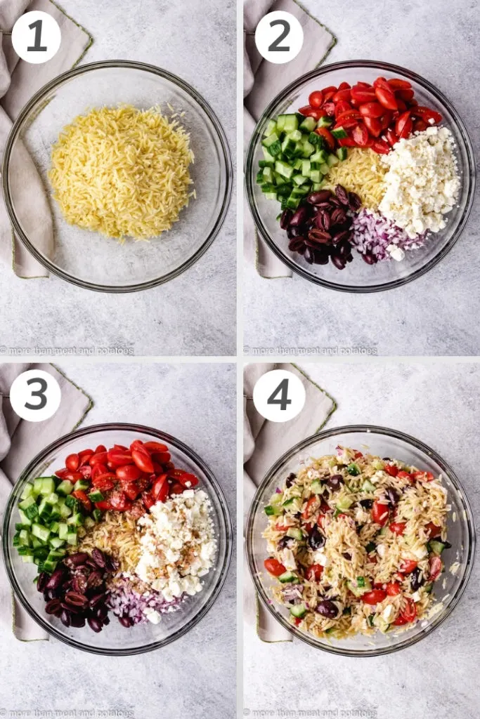 Collage style photo showing how to make Greek orzo salad.