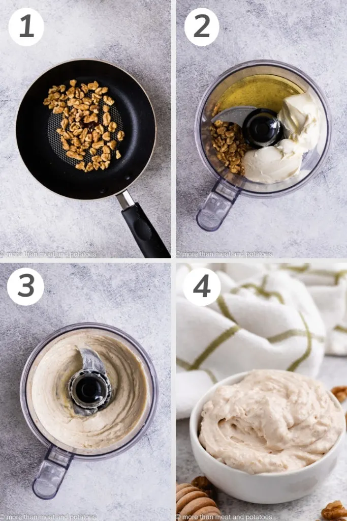 Collage showing how to make honey walnut cream cheese.