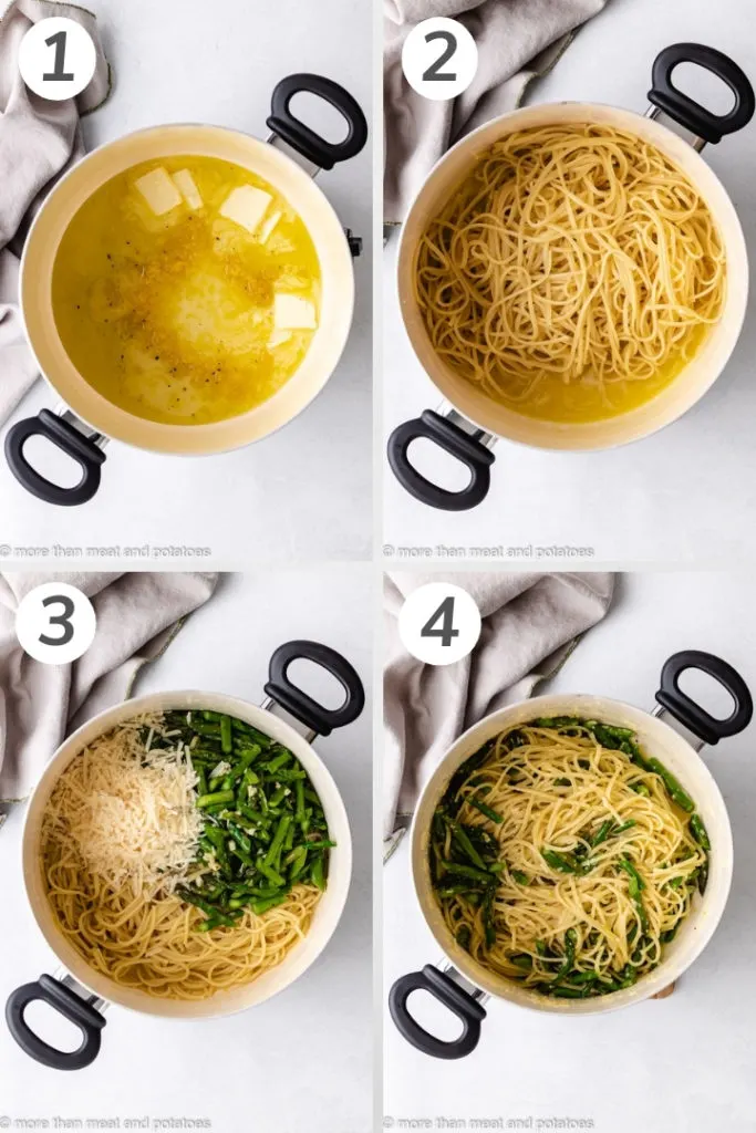 Collage style photo showing how to make lemon linguine.