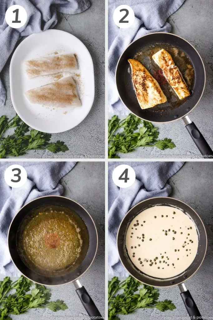 Collage showing how to make pan seared halibut.