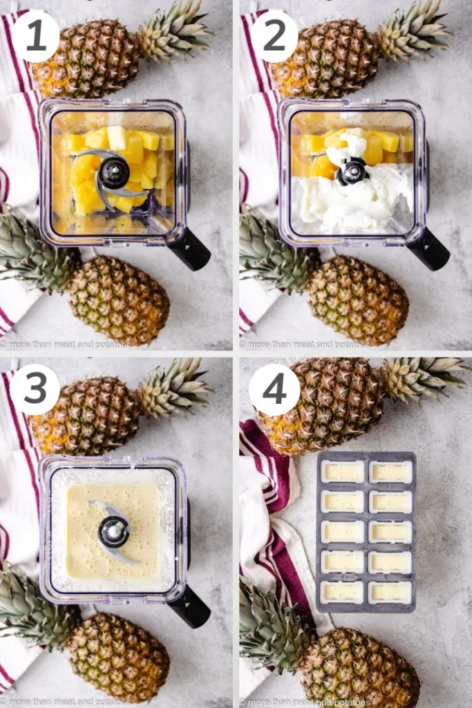 Collage style photo showing how to make pineapple popsicles.