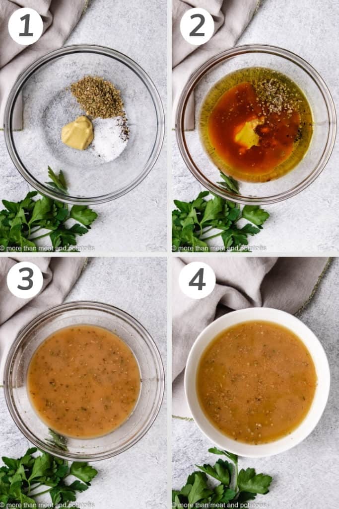 Collage style photo showing how to make red wine vinaigrette.