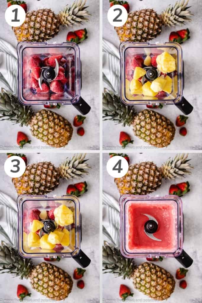 Collage style photo showing how to make a strawberry pineapple smoothie.