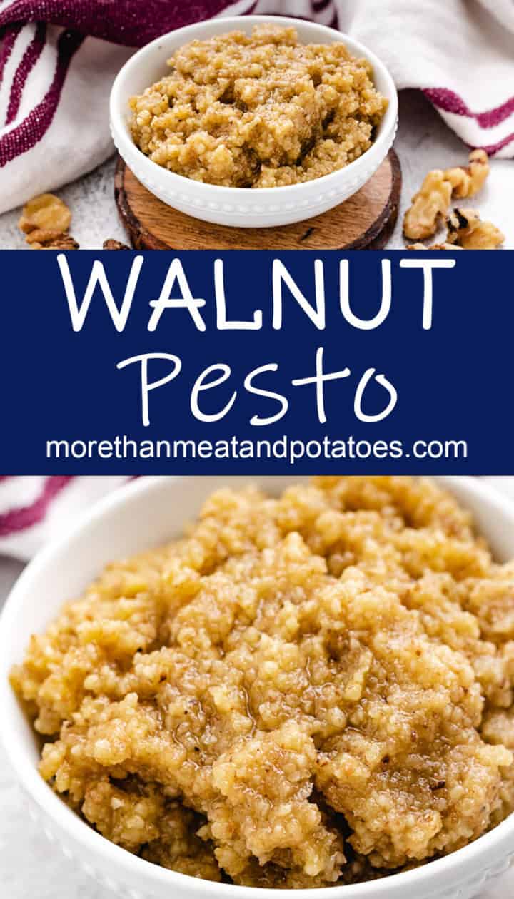 Collage style photo showing walnut pesto.