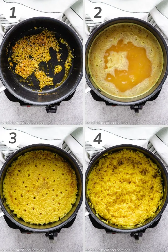 Collage style photo of how to make yellow rice.