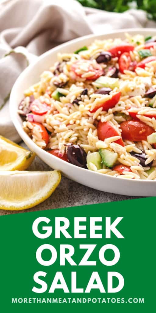 Greek Orzo Salad in a large serving dish.