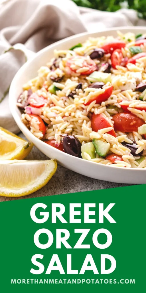 Greek Orzo Salad in a large serving dish.
