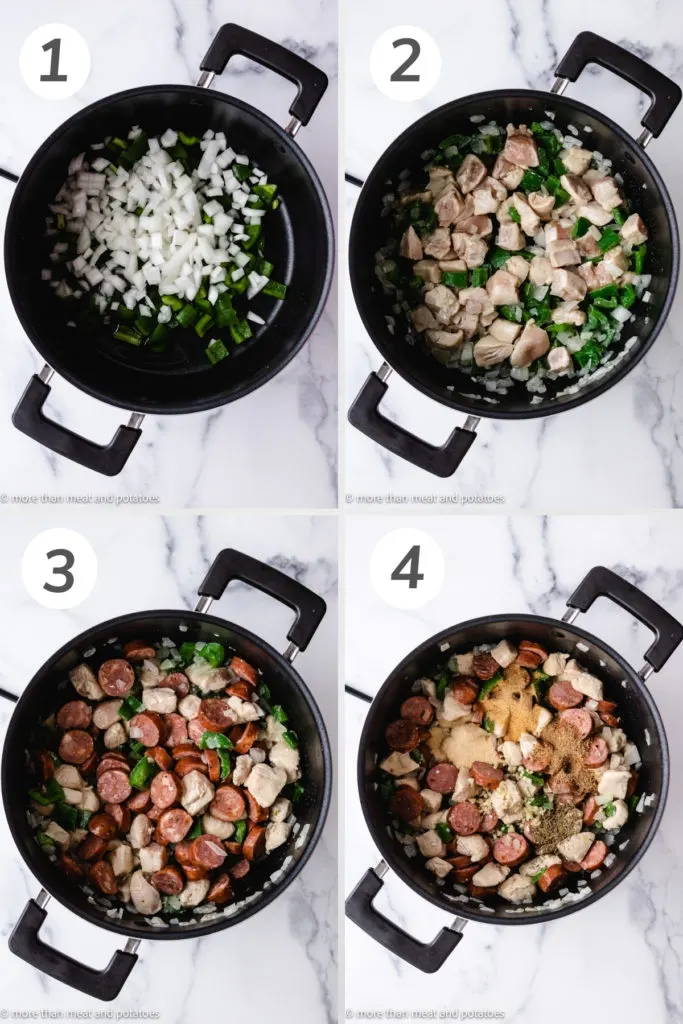 Collage showing how to make jambalaya pasta.