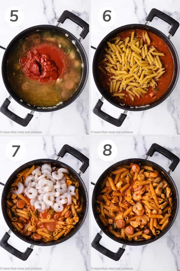 Collage showing jambalaya pasta cooking in a pan.