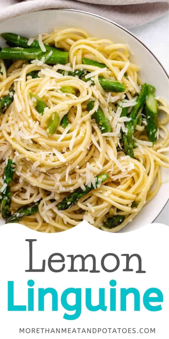 Lemon linguine pasta with asparagus on a white dish.