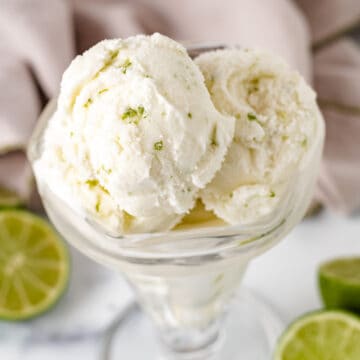 Lime ice cream in a sundae dish.