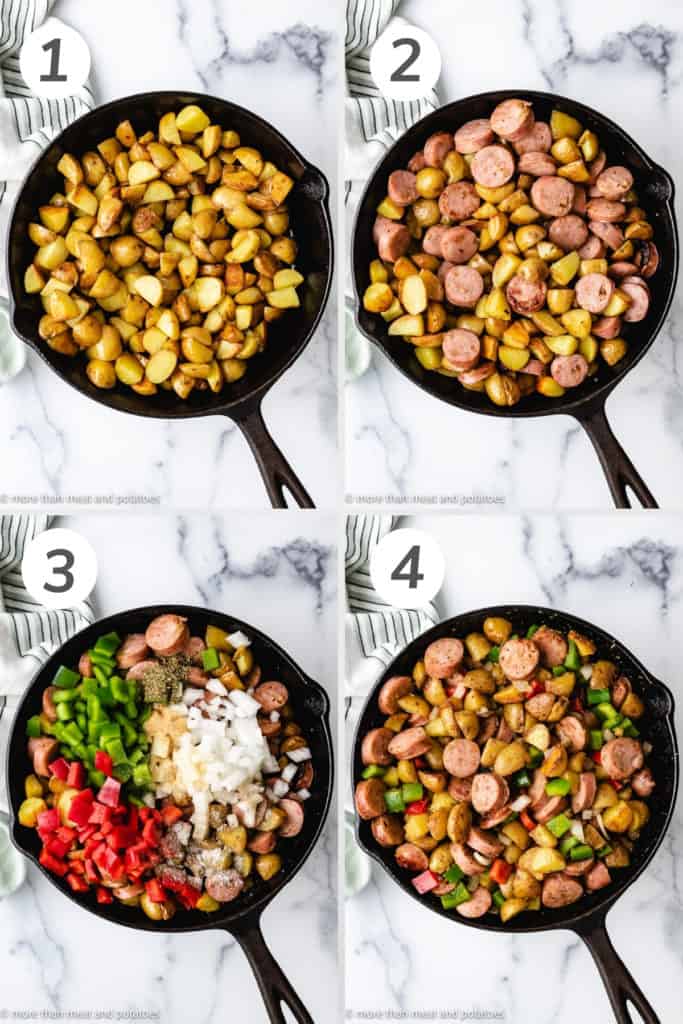 Collage showing how to make sausage and potatoes skillet.