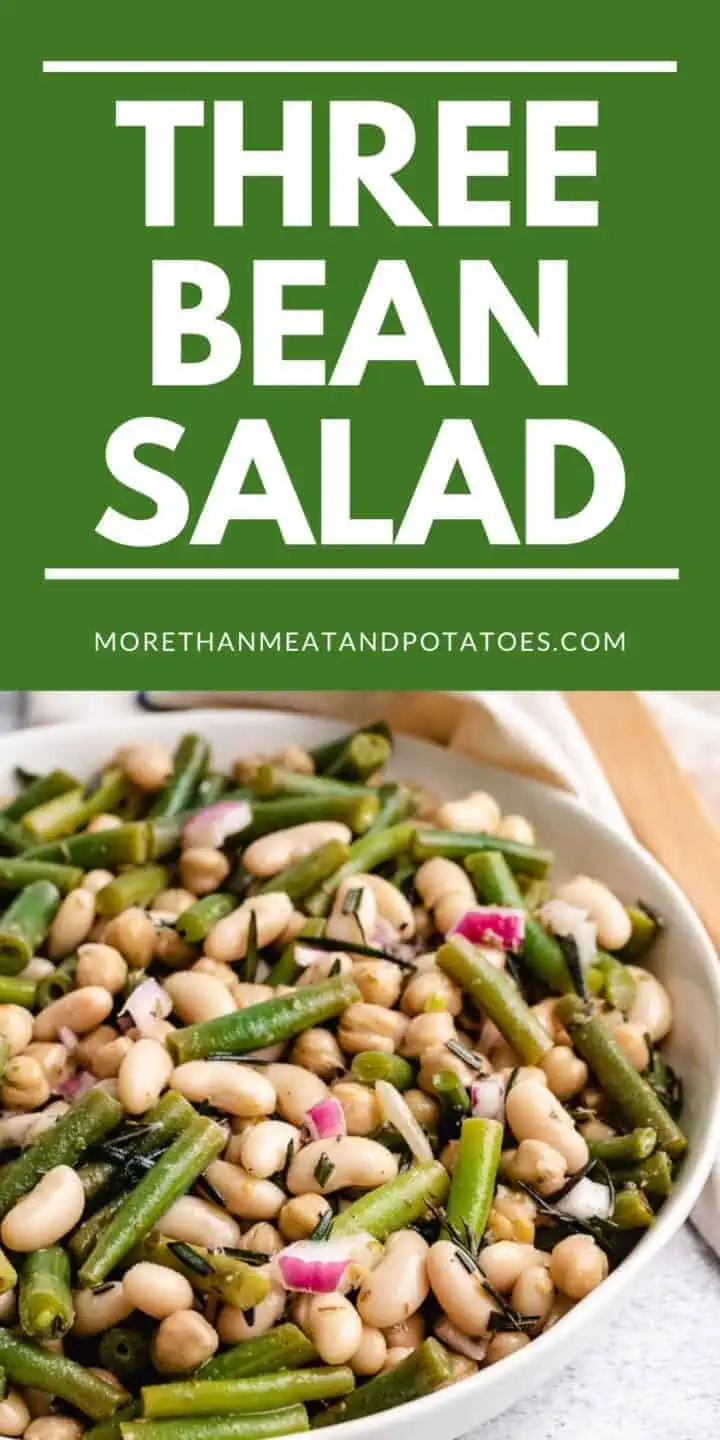 Large serving bowl filled with three bean salad.