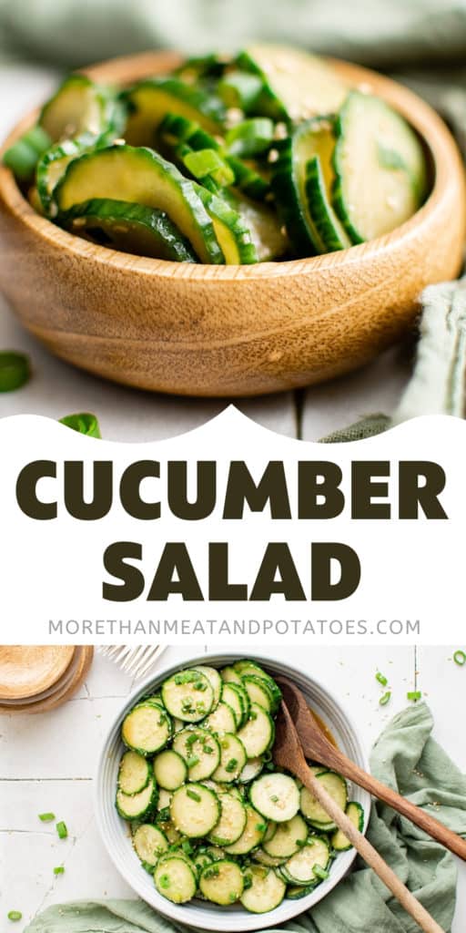 Collage showing two photos of cucumber salad in bowls.