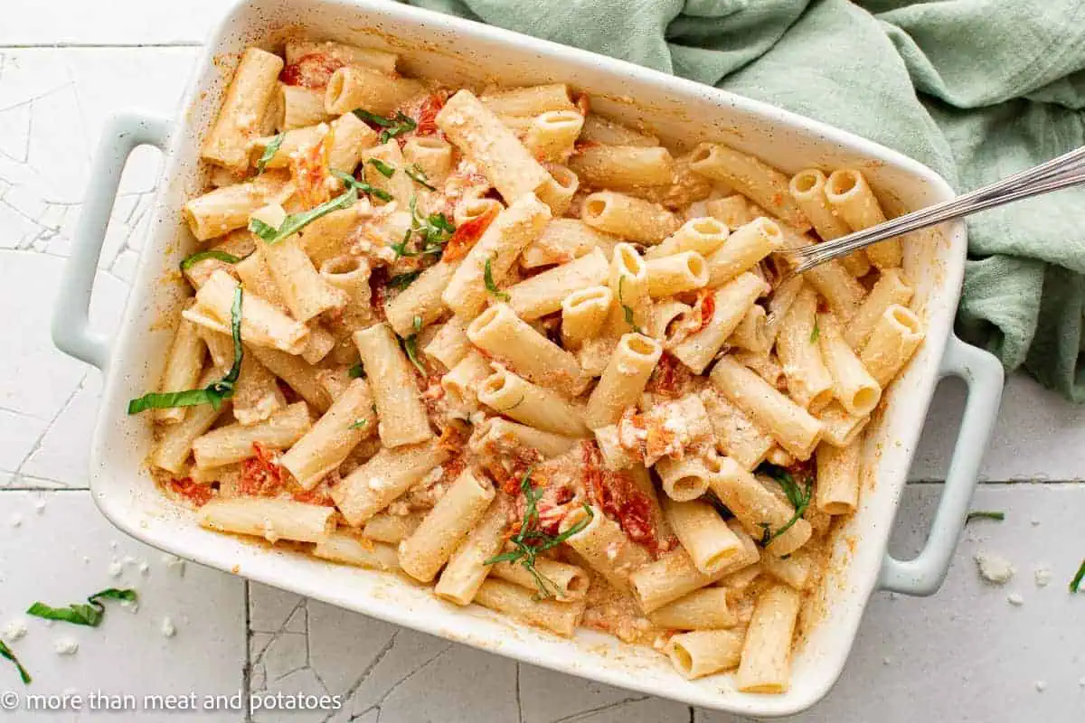 Baked feta pasta in a baking dish.