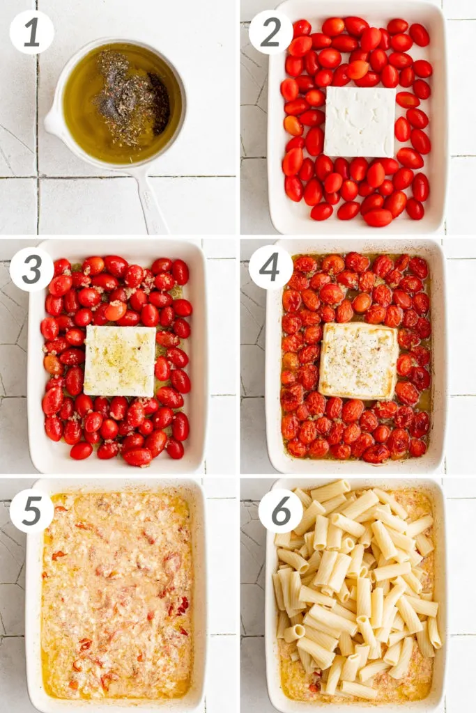 Collage showing how to make feta pasta.