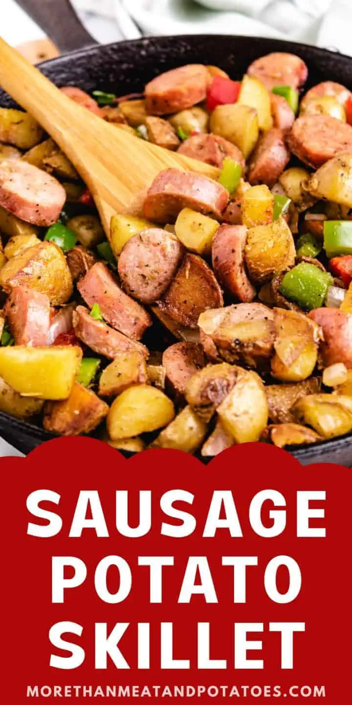 Sausage and potatoes in a cast iron skillet.