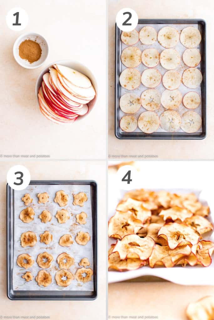 Collage showing how to make apple chips with cinnamon.
