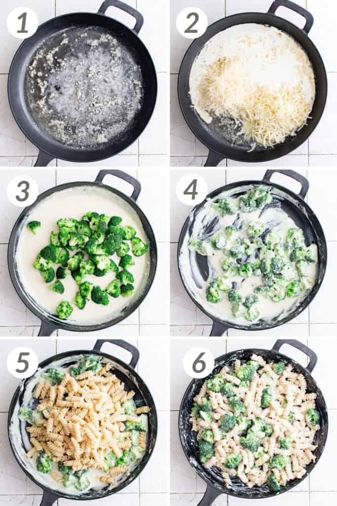 Collage showing how to make broccoli pasta.