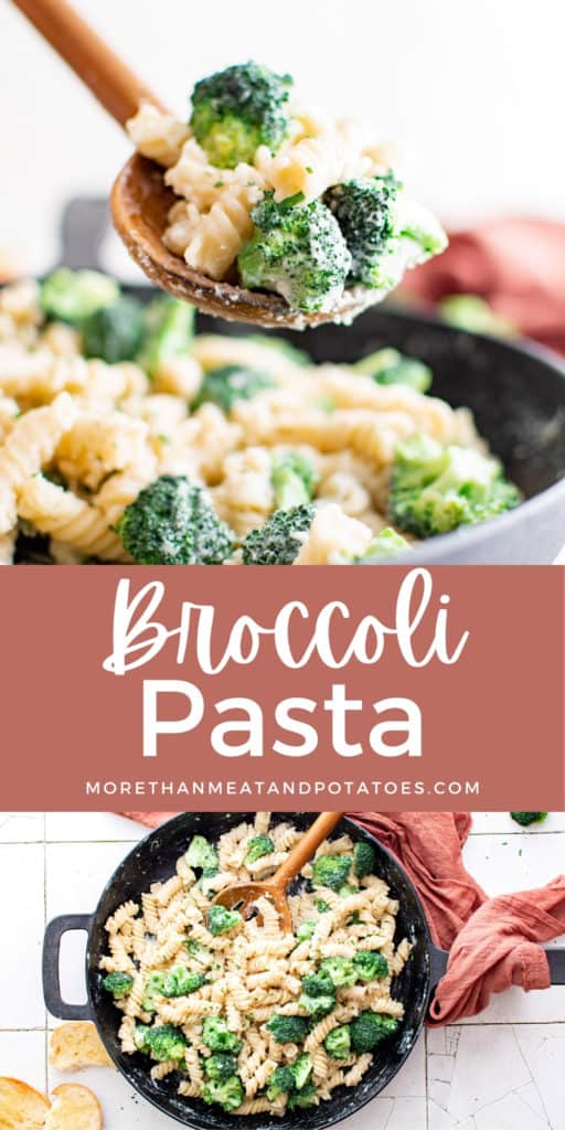Collage showing 2 photos of broccoli pasta.