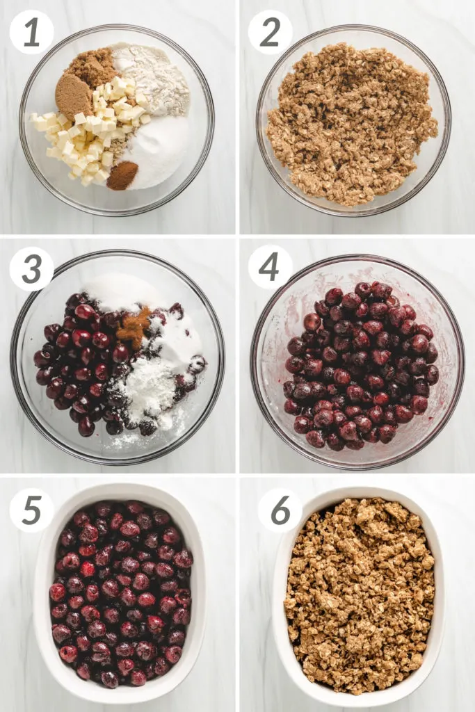 Collage showing how to make a cherry crisp.