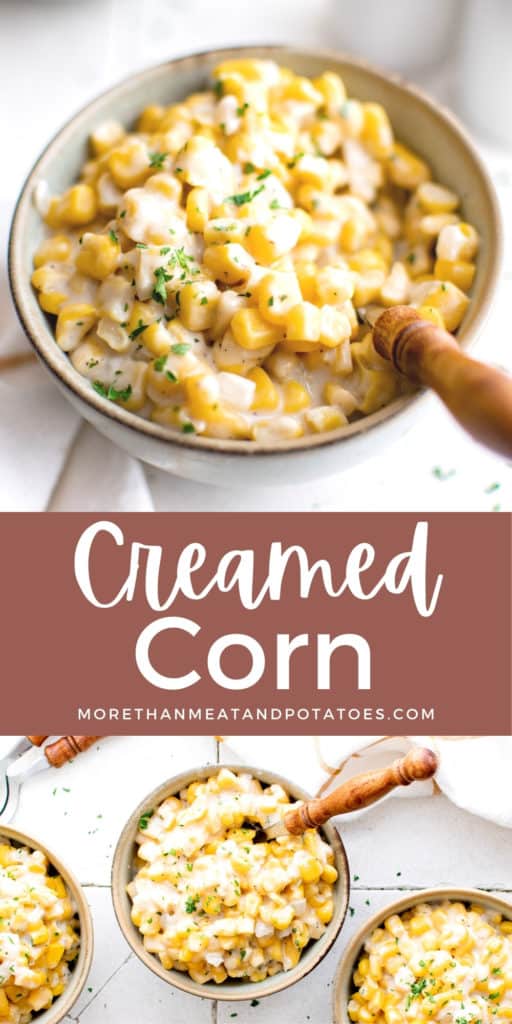 Collage showing to different photos of a creamed corn recipe.