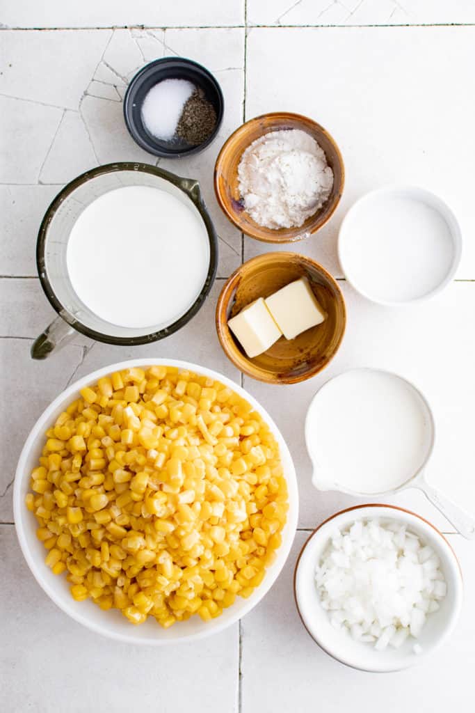 Top down view of ingredients needed for cream style corn.