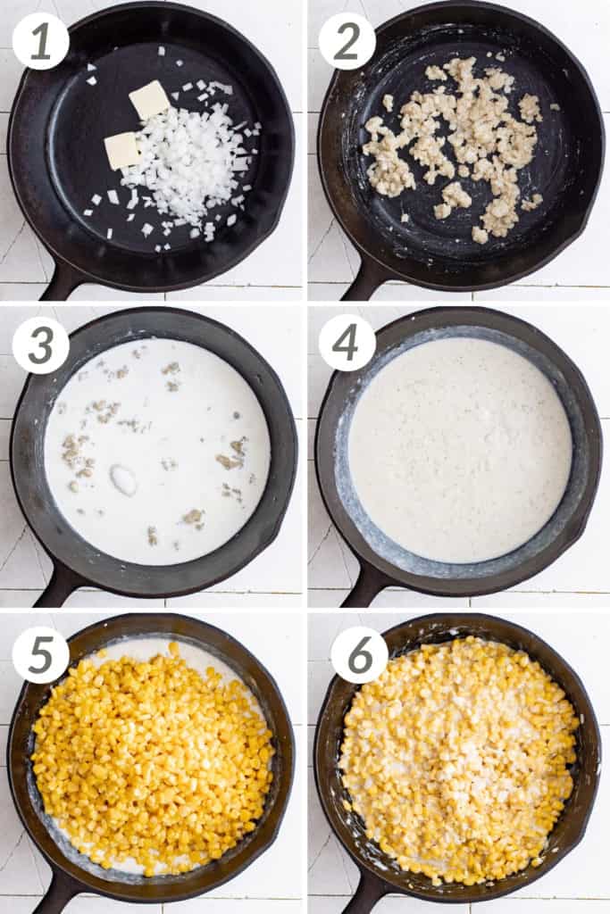 Collage showing how to make a creamed corn recipe.