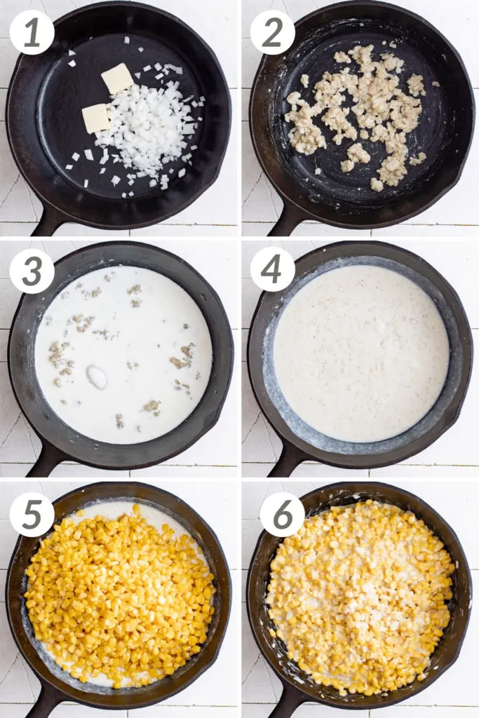 Collage showing how to make a creamed corn recipe.