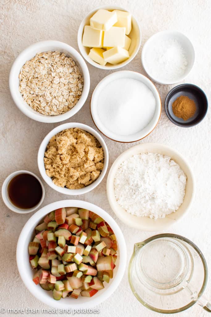 Top down view of ingredients for rhubarb crisp.