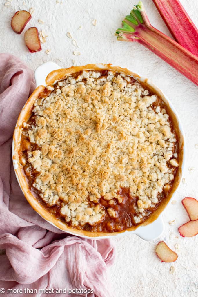 Top down view of baked rhubarb crisp.