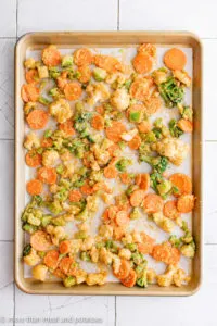 Top down view of seasoned frozen vegetables on a pan.