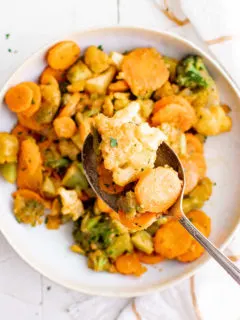 Top down view of a plate roasted frozen vegetables.