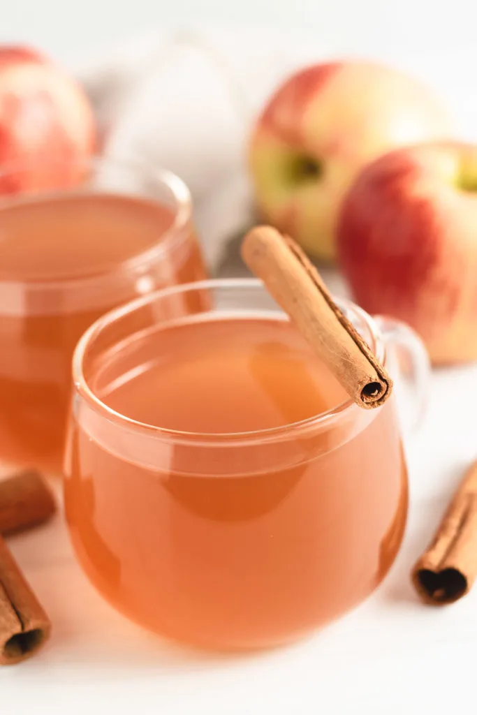 Glass mug filled with cider and a cinnamon stick.