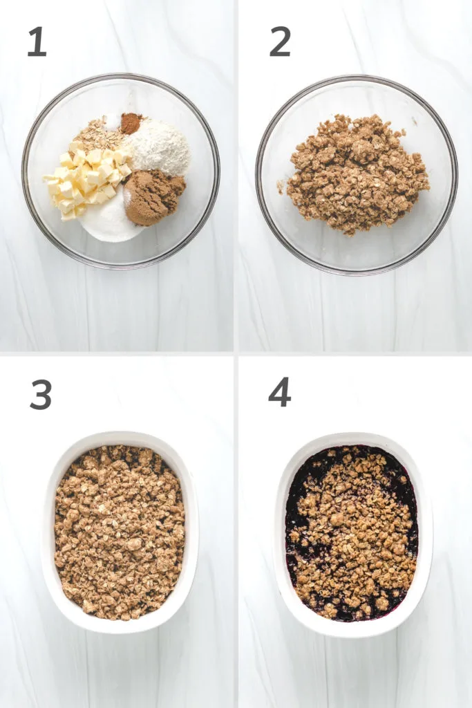 Collage showing how to make crumble topping with oats.