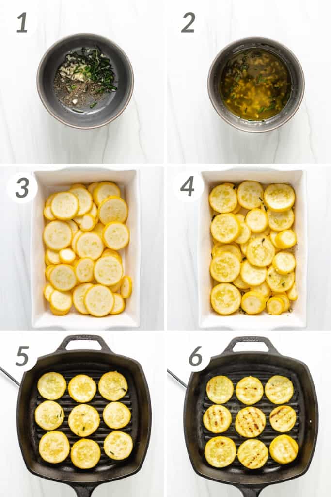 Collage showing how to make grilled yellow squash.