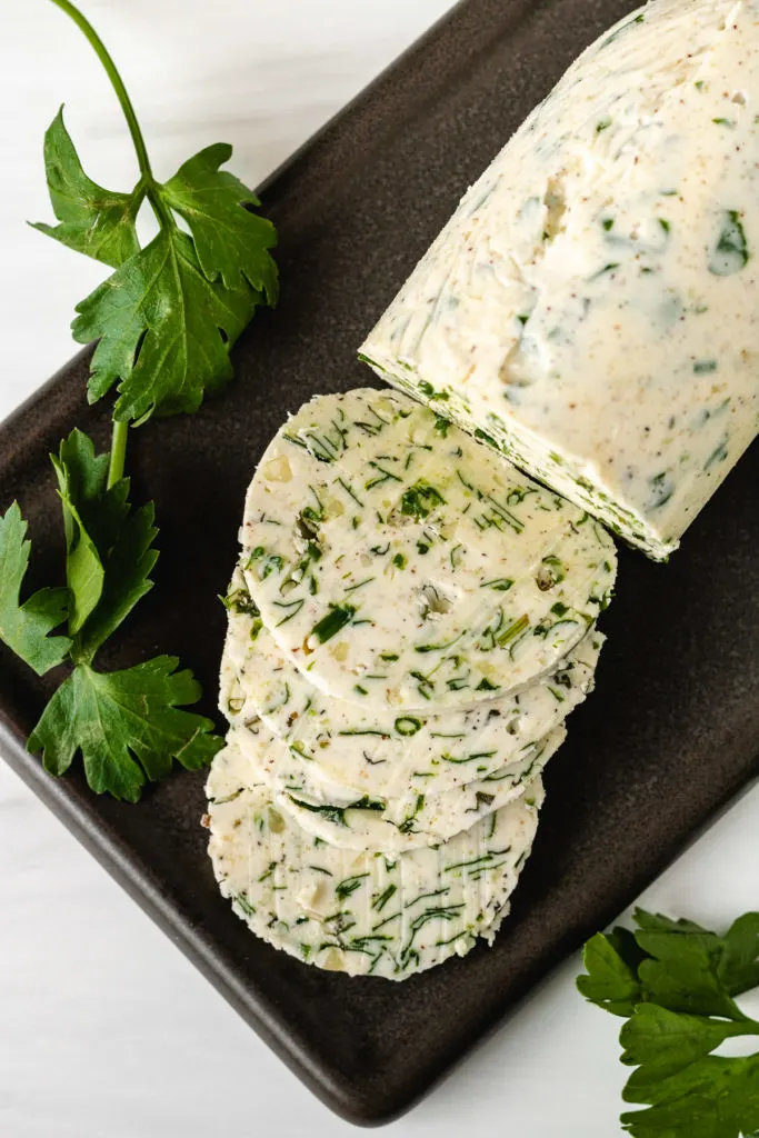 Top down view of fresh herb butter.