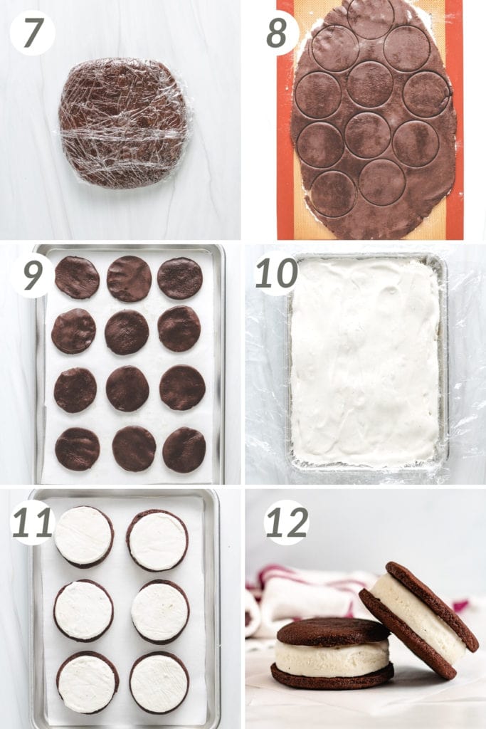 Collage showing how to assemble ice cream sandwiches.