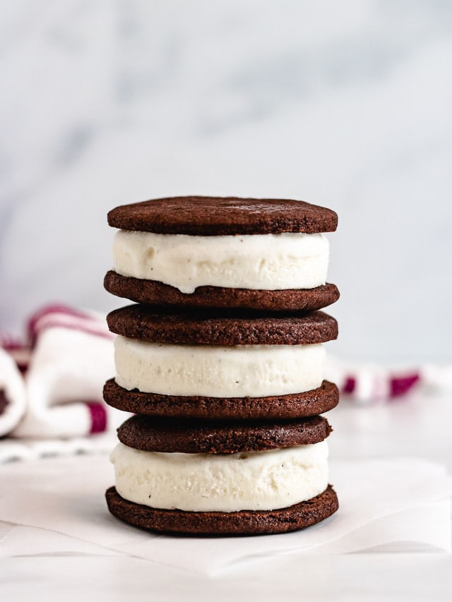 Ice cream sandwiches in a stack.
