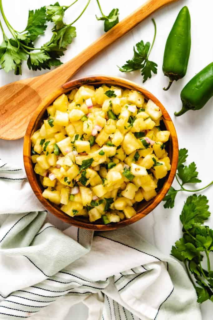 Top down view of pineapple jalapeno salsa.