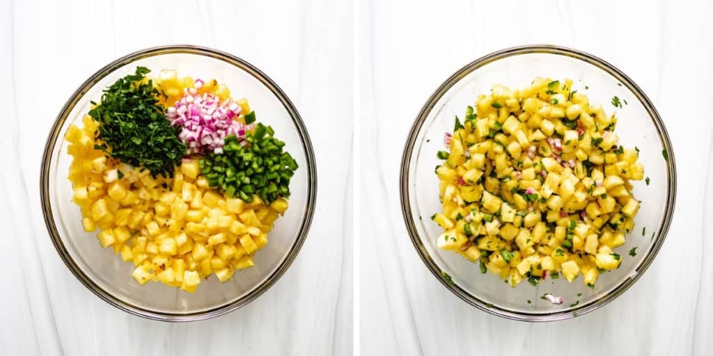 Collage showing how to make jalapeno pineapple salsa.