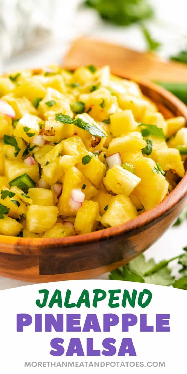 Pineapple salsa in a wooden bowl.